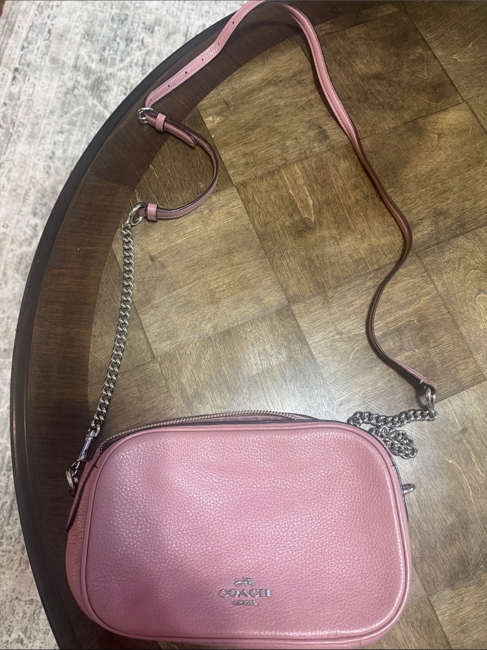 Coach Pink Pebbled Leather Crossbody Camera Bag with Chain Strap